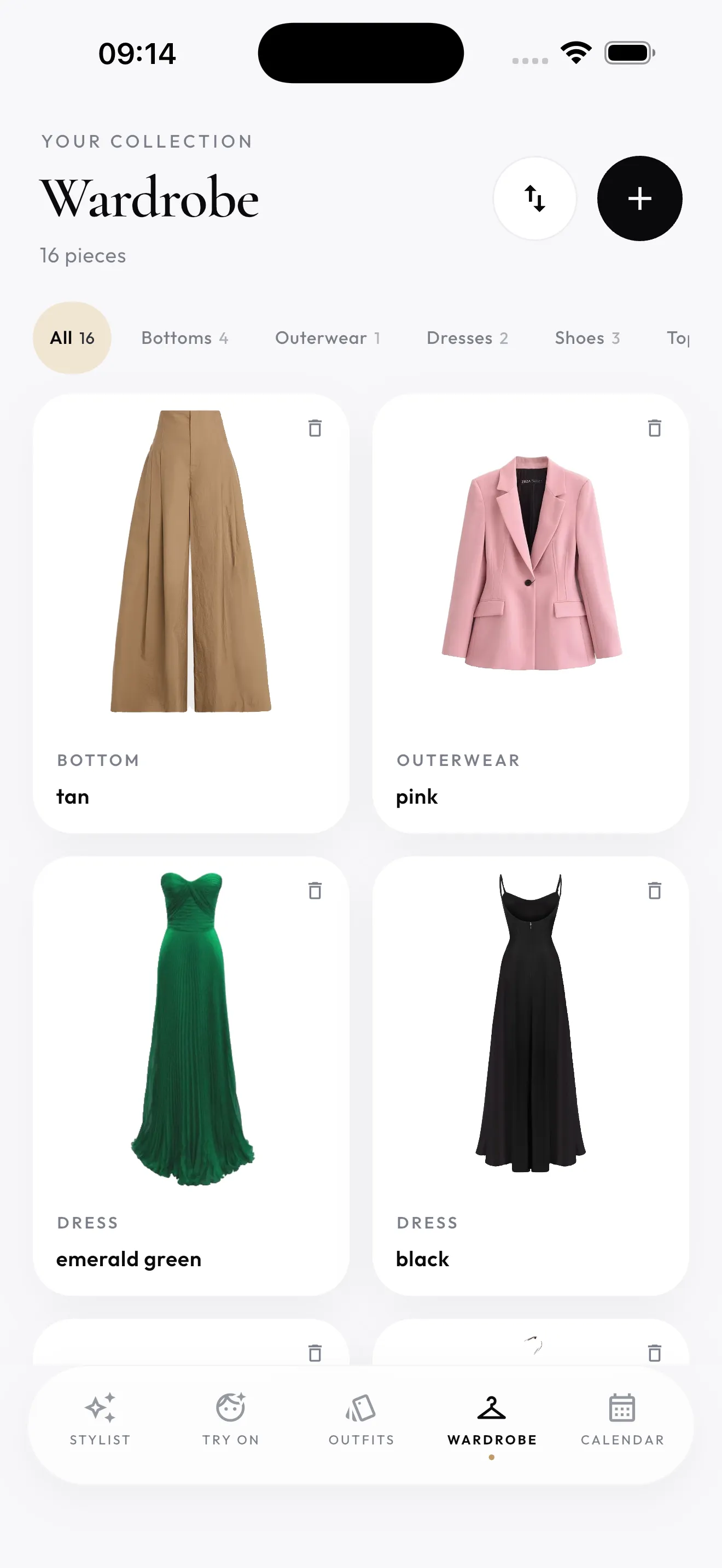 Clovy digital wardrobe app - organized closet category screen on iPhone